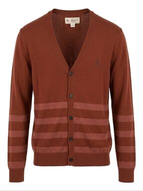 Vintage Original Penguin Men's Striped V-Neck Cardigan in Burgandy/ Pink Large